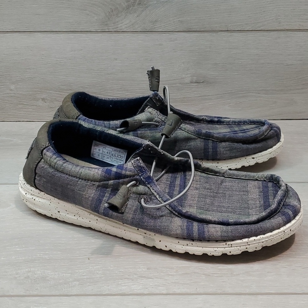 Hey Dude mens Wally Funk Plaid Blue Grey Loafer Slip On shoes sz 9